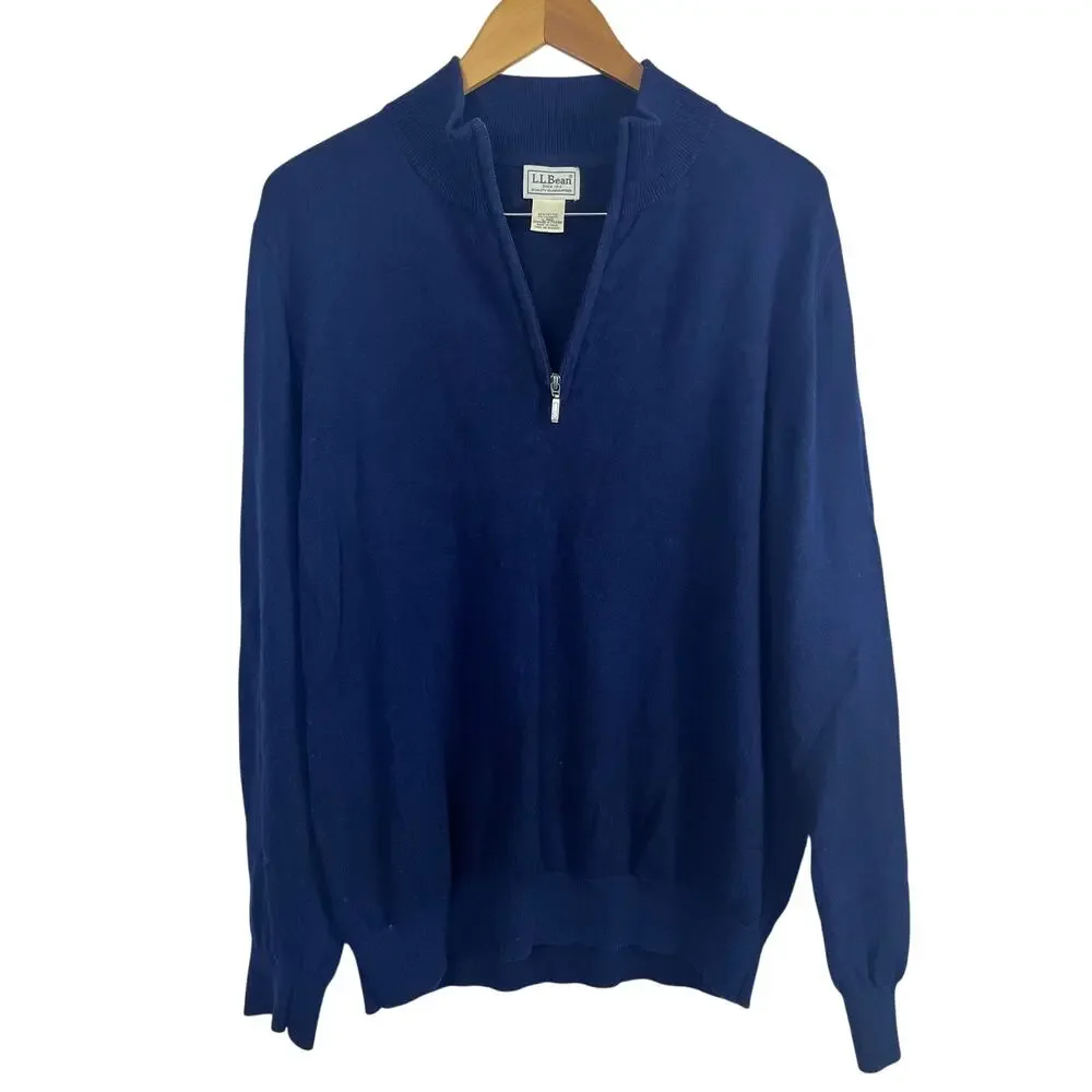 L.L. Bean Sweater Men's L Navy Blue 1/4 Zip‎ Cotton Cashmere Blend (M512)